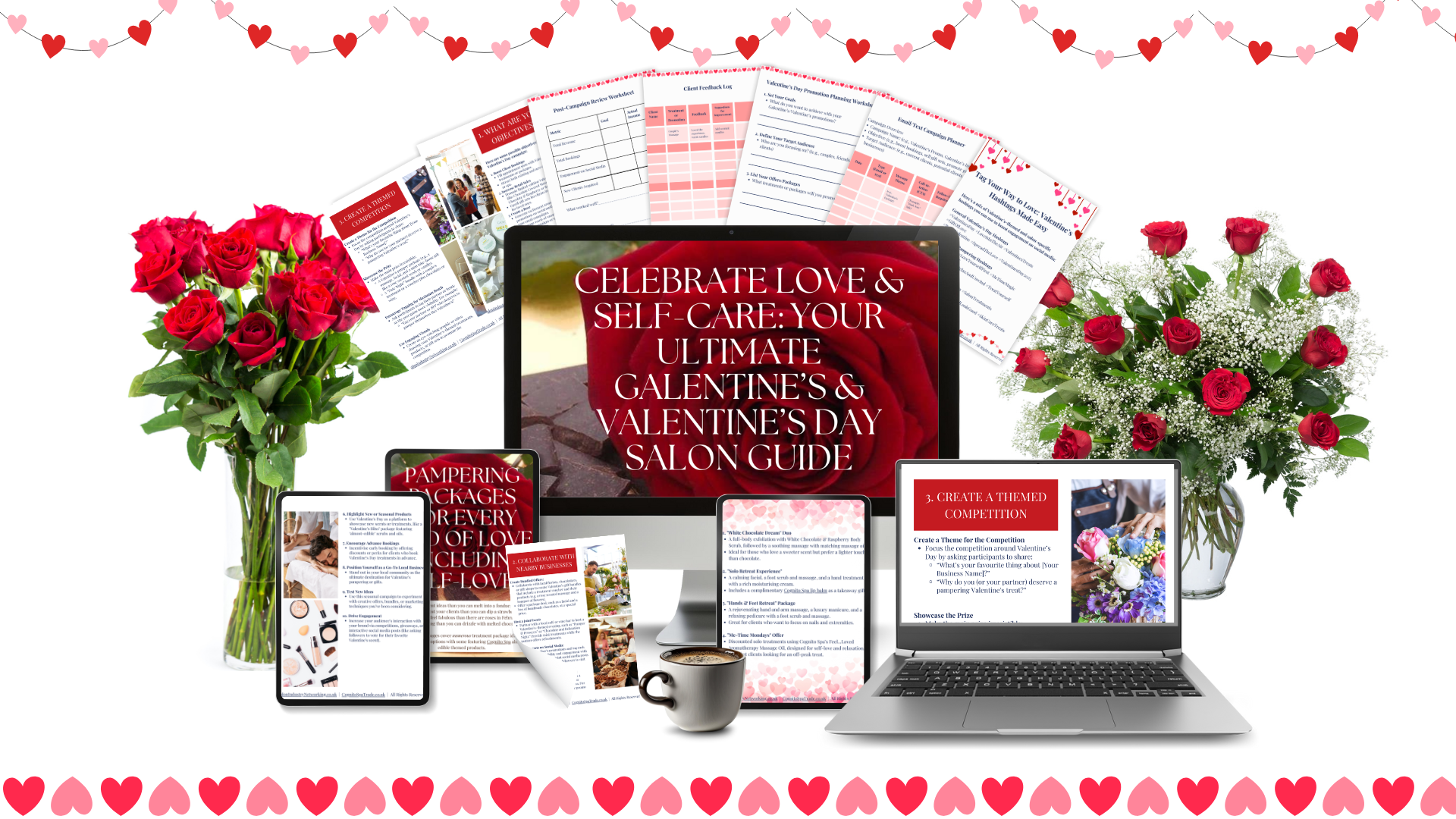 Celebrate love & self care: your ultimate Valentine's & Galentine's Day Salon Guide images shown on variety of laptops, phones, tablets etc with red rose floral displays in vases, a cup of coffee and example images from the guide