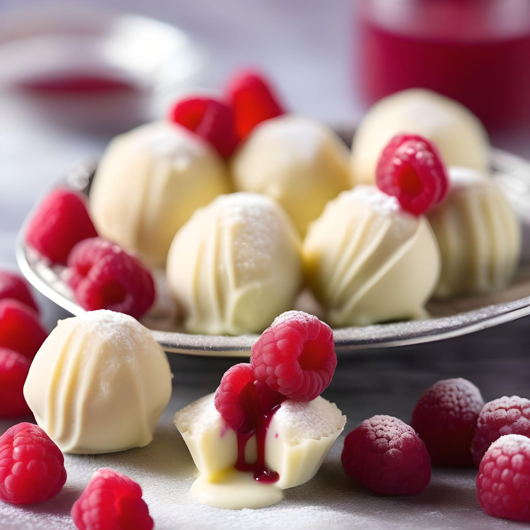 White chocolate truffles in a silver bowl with fresh raspberries and juice drizzled around promoting Cognito Spa products

